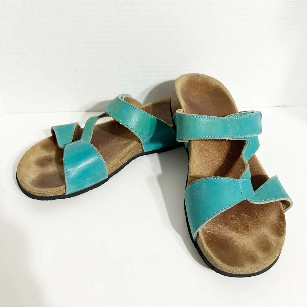 Vionic Teal Leather Pamplona Slide Sandals Cork Orthaheel Footbed Rubber Tread🩵